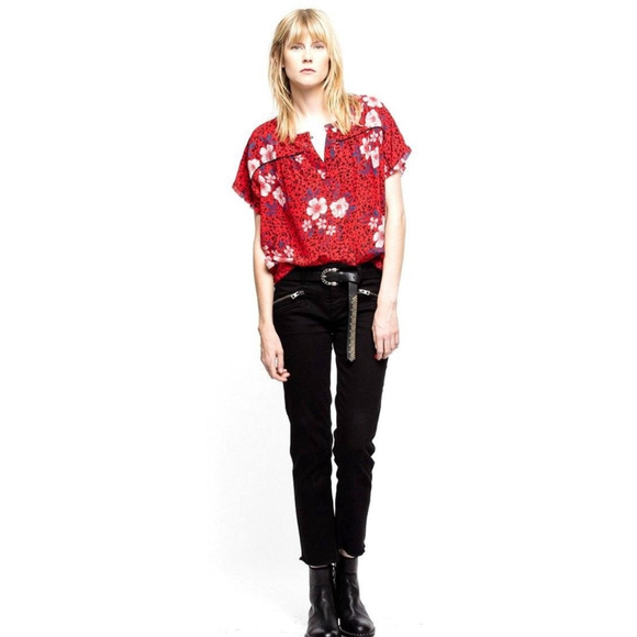 ZADIG & VOLTAIRE BLOUSE TERSON RED FLORAL PRINT SILK SIZE LARGE SHORT SLEEVE - Picture 2 of 11